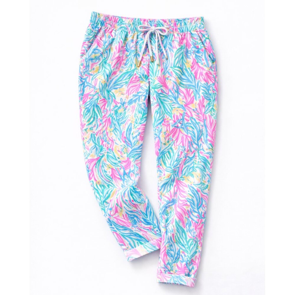 Lilly Pulitzer Taron Linen Pants Small Sea Turtle Soiree Lagoon Pull On Resort - Picture 6 of 10